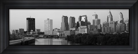 Framed River passing through a city in black and white, Philadelphia, Pennsylvania Print