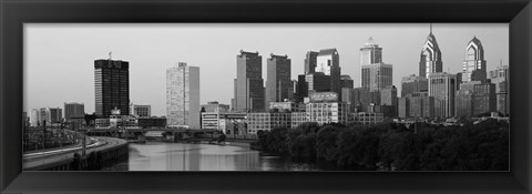 Framed River passing through a city in black and white, Philadelphia, Pennsylvania Print