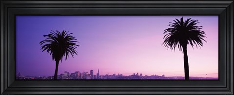 Framed San Francisco skyline between 2 palm trees, California Print