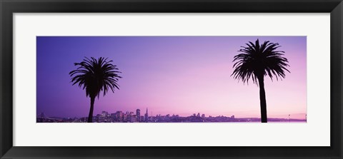 Framed San Francisco skyline between 2 palm trees, California Print