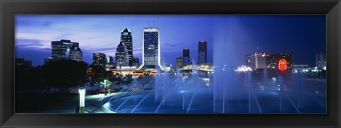 Framed Fountain, Cityscape, Night, Jacksonville, Florida, USA Print