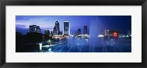 Framed Fountain, Cityscape, Night, Jacksonville, Florida, USA Print