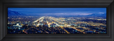 Framed Aerial view of a city lit up at dusk, Salt Lake City, Utah, USA Print