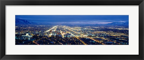 Framed Aerial view of a city lit up at dusk, Salt Lake City, Utah, USA Print
