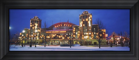 Framed Facade Of A Building Lit Up At Dusk, Navy Pier, Chicago, Illinois, USA Print