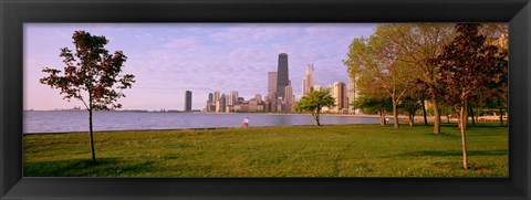 Framed Trees in a park with lake and buildings in the background, Lincoln Park, Lake Michigan, Chicago, Illinois, USA Print