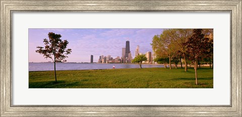 Framed Trees in a park with lake and buildings in the background, Lincoln Park, Lake Michigan, Chicago, Illinois, USA Print