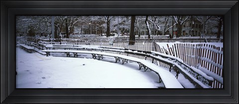 Framed Snowcapped benches in a park, Washington Square Park, New York City Print