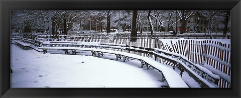 Framed Snowcapped benches in a park, Washington Square Park, New York City Print