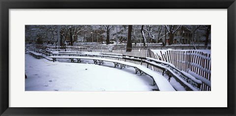 Framed Snowcapped benches in a park, Washington Square Park, New York City Print