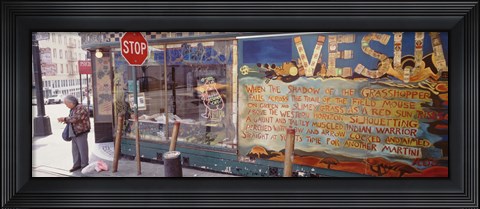 Framed USA, California, San Francisco, Little Italy, Senior man standing outside a bar Print