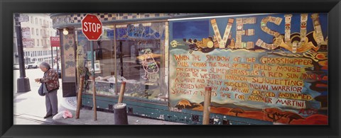 Framed USA, California, San Francisco, Little Italy, Senior man standing outside a bar Print