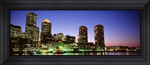 Framed Skyscrapers at the waterfront lit up at night, Boston, Massachusetts, USA Print