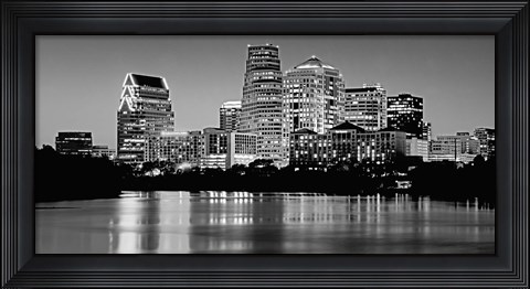 Framed USA, Texas, Austin, Panoramic view of a city skyline (Black And White) Print
