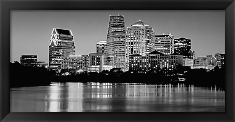 Framed USA, Texas, Austin, Panoramic view of a city skyline (Black And White) Print