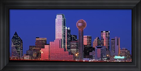 Framed USA, Texas, Dallas, Panoramic view of an urban skyline at night Print