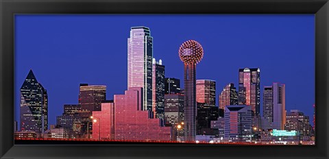 Framed USA, Texas, Dallas, Panoramic view of an urban skyline at night Print