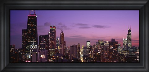 Framed Chicago Buildings lit up at dusk Print