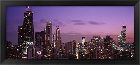 Framed Chicago Buildings lit up at dusk Print