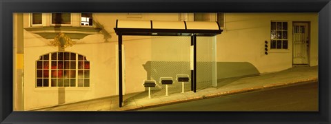 Framed USA, California, San Francisco, Bus stop at night Print