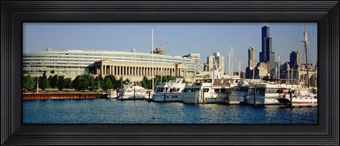 Framed Boats Moored At A Dock, Chicago, Illinois, USA Print