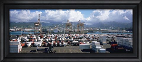 Framed Containers And Cranes At A Harbor, Honolulu Harbor, Hawaii, USA Print