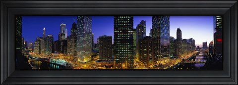 Framed River and Buildings Lit Up At Dusk, Chicago, Illinois Print