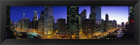 Framed River and Buildings Lit Up At Dusk, Chicago, Illinois Print