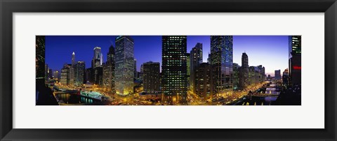 Framed River and Buildings Lit Up At Dusk, Chicago, Illinois Print