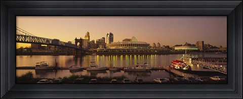 Framed Buildings in a city lit up at dusk, Cincinnati, Ohio, USA Print