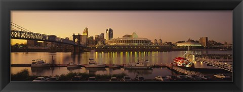 Framed Buildings in a city lit up at dusk, Cincinnati, Ohio, USA Print