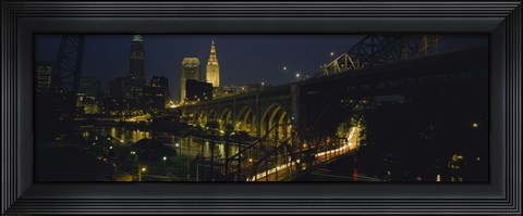 Framed Arch bridge and buildings lit up at night, Cleveland, Ohio, USA Print