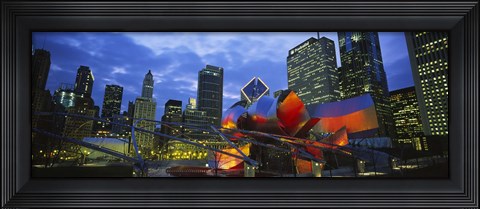Framed Low angle view of buildings lit up at night, Millennium Park, Chicago, Illinois, USA Print