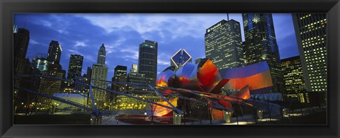 Framed Low angle view of buildings lit up at night, Millennium Park, Chicago, Illinois, USA Print