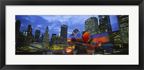 Framed Low angle view of buildings lit up at night, Millennium Park, Chicago, Illinois, USA Print