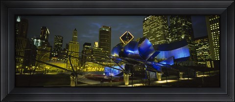 Framed Low angle view of buildings lit up at night, Pritzker Pavilion, Millennium Park, Chicago, Illinois, USA Print