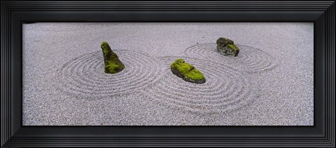 Framed High angle view of moss on three stones in a Zen garden, Washington Park, Portland, Oregon, USA Print