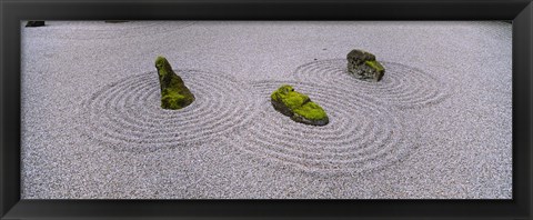 Framed High angle view of moss on three stones in a Zen garden, Washington Park, Portland, Oregon, USA Print