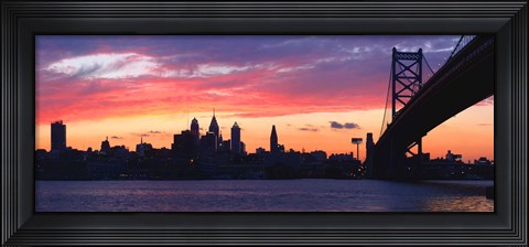 Framed Silhouette of a suspension bridge across a river, Ben Franklin Bridge, Delaware River, Philadelphia, Pennsylvania, USA Print