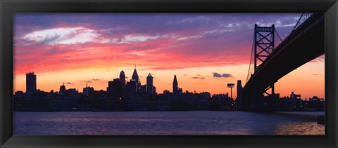 Framed Silhouette of a suspension bridge across a river, Ben Franklin Bridge, Delaware River, Philadelphia, Pennsylvania, USA Print