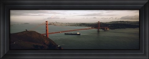 Framed Barge passing under a bridge, Golden Gate Bridge, San Francisco, California, USA Print