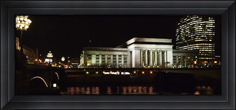 Framed Buildings lit up at night at a railroad station, 30th Street Station, Schuylkill River, Philadelphia, Pennsylvania, USA Print
