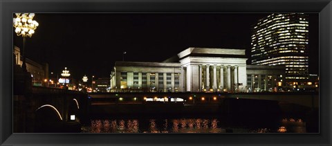 Framed Buildings lit up at night at a railroad station, 30th Street Station, Schuylkill River, Philadelphia, Pennsylvania, USA Print