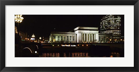 Framed Buildings lit up at night at a railroad station, 30th Street Station, Schuylkill River, Philadelphia, Pennsylvania, USA Print