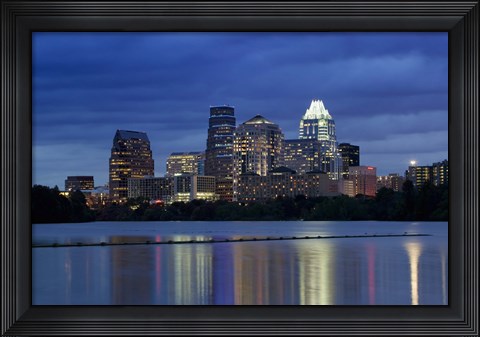 Framed Buildings at the waterfront lit up at dusk, Town Lake, Austin, Texas, USA Print