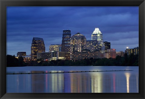 Framed Buildings at the waterfront lit up at dusk, Town Lake, Austin, Texas, USA Print