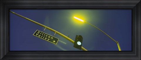 Framed Low angle view of traffic light and a street sign, Silicon Valley, San Francisco, California, USA Print