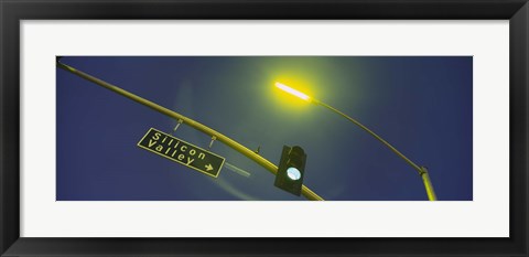 Framed Low angle view of traffic light and a street sign, Silicon Valley, San Francisco, California, USA Print