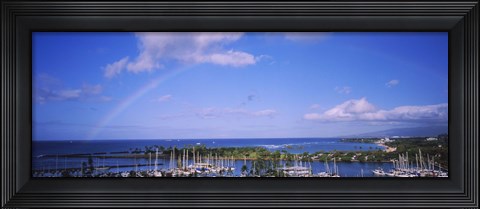 Framed Rainbow Over Boats in Honolulu, Hawaii Print