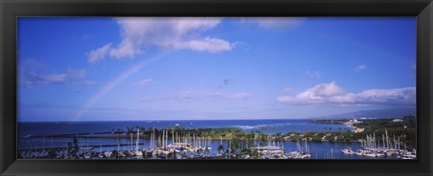 Framed Rainbow Over Boats in Honolulu, Hawaii Print